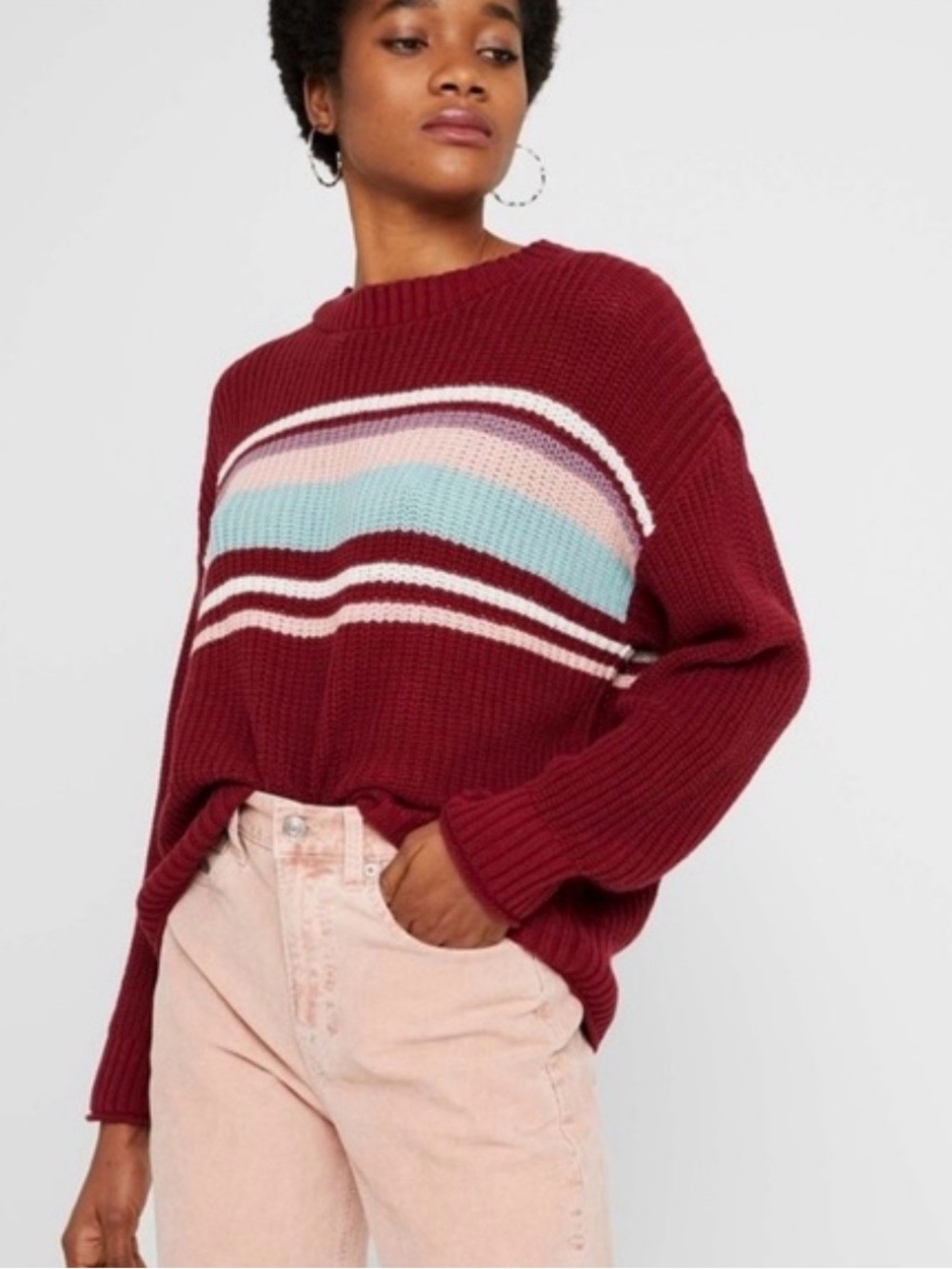 American Eagle Outfitters Maroon Crewneck Sweater with Pastel Stripes Medium